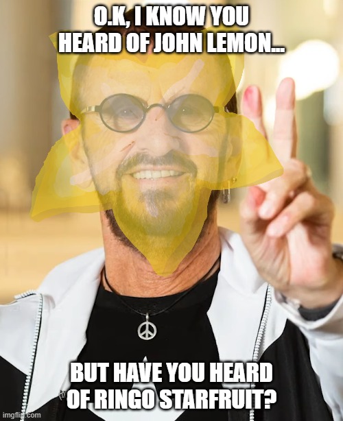 Ringo Starfruit? | O.K, I KNOW YOU HEARD OF JOHN LEMON... BUT HAVE YOU HEARD OF RINGO STARFRUIT? | image tagged in the beatles,ringo starr,music,fyp,fruits | made w/ Imgflip meme maker