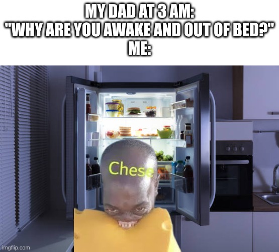 Its so good tho | MY DAD AT 3 AM: "WHY ARE YOU AWAKE AND OUT OF BED?"
ME: | image tagged in memes,cheese,3 am,food,funny,fridge | made w/ Imgflip meme maker