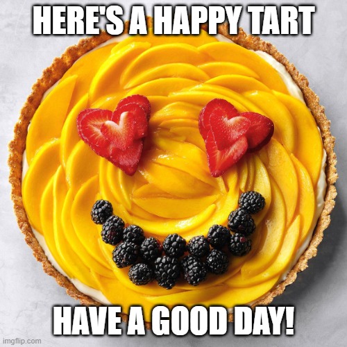 Yummy | HERE'S A HAPPY TART; HAVE A GOOD DAY! | image tagged in smiling tart | made w/ Imgflip meme maker