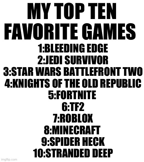1:BLEEDING EDGE
2:JEDI SURVIVOR
3:STAR WARS BATTLEFRONT TWO
4:KNIGHTS OF THE OLD REPUBLIC
5:FORTNITE 
6:TF2
7:ROBLOX
8:MINECRAFT 
9:SPIDER HECK
10:STRANDED DEEP; MY TOP TEN FAVORITE GAMES | made w/ Imgflip meme maker