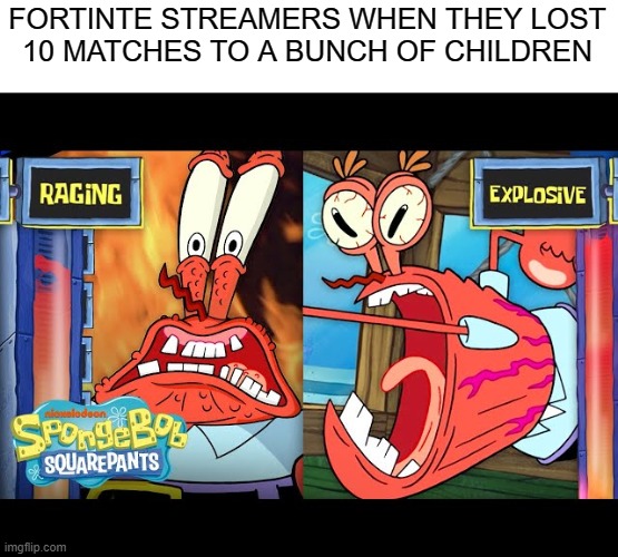 Fortnite | FORTINTE STREAMERS WHEN THEY LOST
10 MATCHES TO A BUNCH OF CHILDREN | image tagged in fortnite,gamer rage | made w/ Imgflip meme maker
