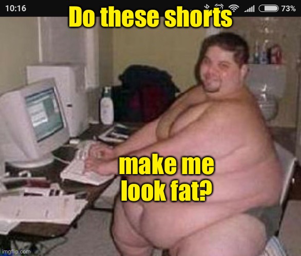 Fat man at work | Do these shorts make me look fat? | image tagged in fat man at work | made w/ Imgflip meme maker
