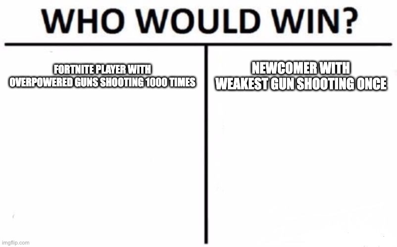 I am the left side but I get eliminated by the right side in the first 2 seconds of a battle | FORTNITE PLAYER WITH OVERPOWERED GUNS SHOOTING 1000 TIMES; NEWCOMER WITH WEAKEST GUN SHOOTING ONCE | image tagged in memes,who would win,fortnite | made w/ Imgflip meme maker
