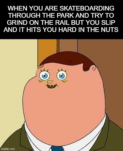 Nuts | WHEN YOU ARE SKATEBOARDING THROUGH THE PARK AND TRY TO GRIND ON THE RAIL BUT YOU SLIP AND IT HITS YOU HARD IN THE NUTS | image tagged in small face peter griffen,funny,memes | made w/ Imgflip meme maker