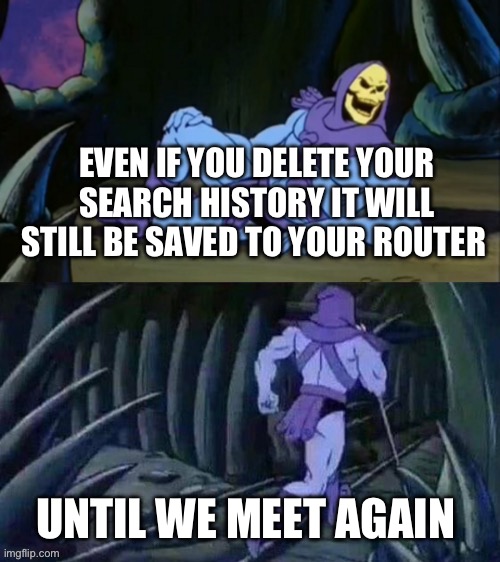 Oh no | EVEN IF YOU DELETE YOUR SEARCH HISTORY IT WILL STILL BE SAVED TO YOUR ROUTER; UNTIL WE MEET AGAIN | image tagged in skeletor disturbing facts | made w/ Imgflip meme maker