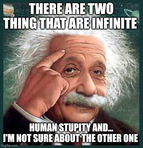 einstein | THERE ARE TWO THING THAT ARE INFINITE; HUMAN STUPITY AND...
I'M NOT SURE ABOUT THE OTHER ONE | image tagged in einstein | made w/ Imgflip meme maker