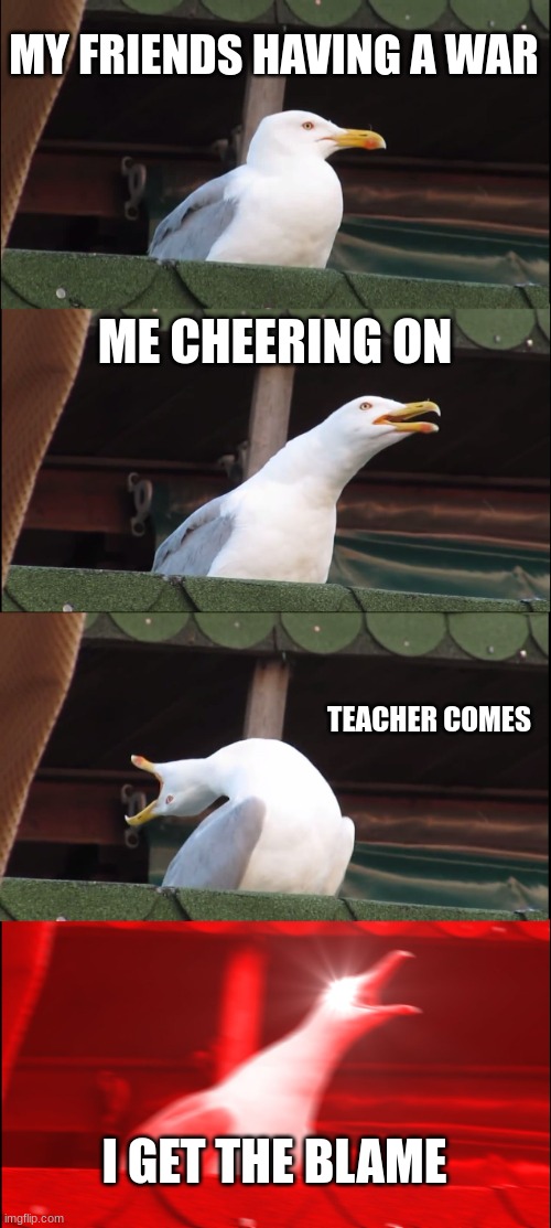 Inhaling Seagull | MY FRIENDS HAVING A WAR; ME CHEERING ON; TEACHER COMES; I GET THE BLAME | image tagged in memes,inhaling seagull,school,funny memes | made w/ Imgflip meme maker