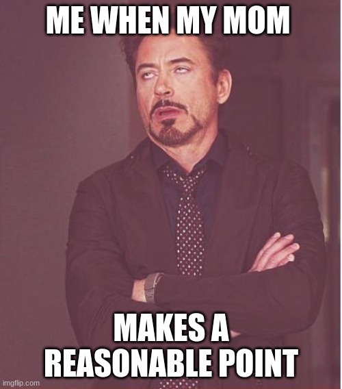 a meme | ME WHEN MY MOM; MAKES A REASONABLE POINT | image tagged in memes,face you make robert downey jr | made w/ Imgflip meme maker