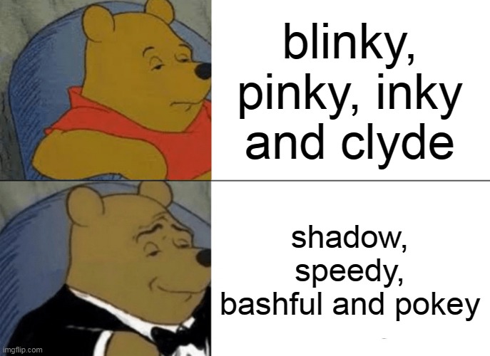 pacman meme i made | blinky, pinky, inky and clyde; shadow, speedy, bashful and pokey | image tagged in memes,tuxedo winnie the pooh | made w/ Imgflip meme maker