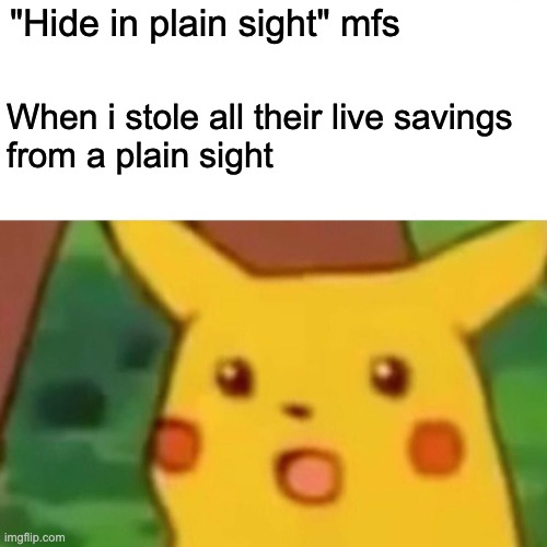 hide in plain sight | "Hide in plain sight" mfs; When i stole all their live savings 
from a plain sight | image tagged in memes,surprised pikachu | made w/ Imgflip meme maker