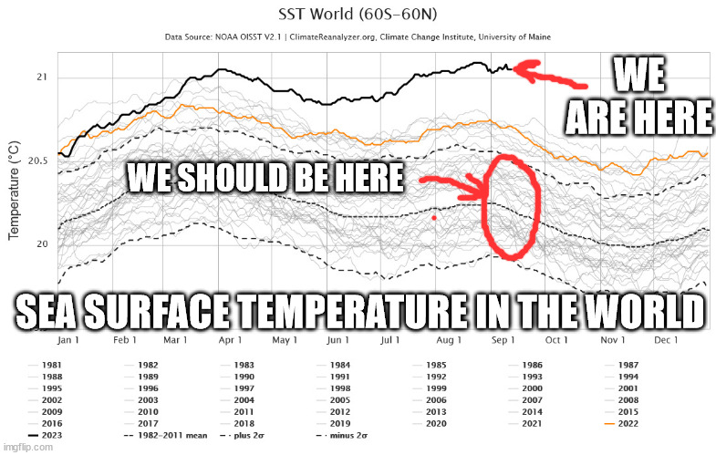 Sea surface temperature 14 09 2023 | WE ARE HERE; WE SHOULD BE HERE; SEA SURFACE TEMPERATURE IN THE WORLD | image tagged in climate change,climate,pollution,future,children,water | made w/ Imgflip meme maker