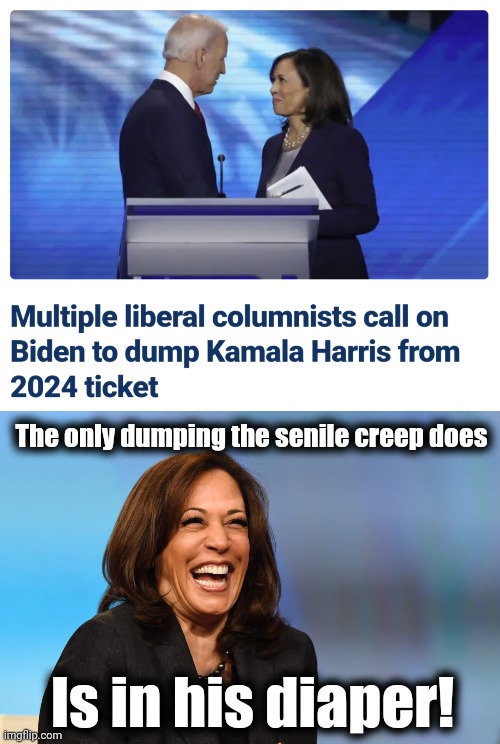 The diversity hyena: As if! | The only dumping the senile creep does; Is in his diaper! | image tagged in kamala harris laughing,joe biden,election 2024,democrats,incompetence,diversity hyena | made w/ Imgflip meme maker
