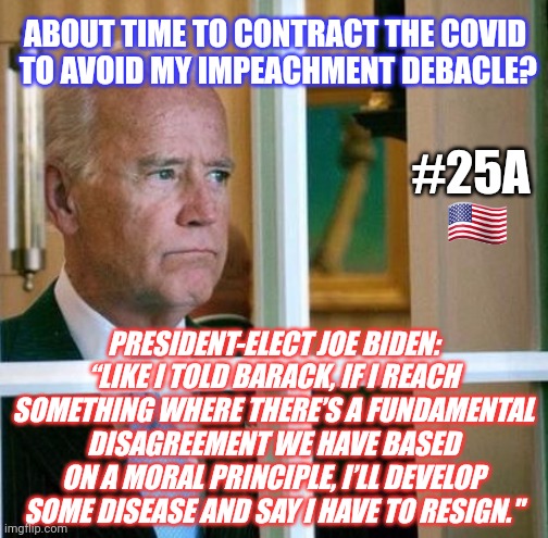 Scripted "Reality"? Truth Stranger than Fiction? The Greatest Showman/DC Celebrity Apprentice? Trump was Right About Everything! | ABOUT TIME TO CONTRACT THE COVID
 TO AVOID MY IMPEACHMENT DEBACLE? #25A; 🇺🇸; PRESIDENT-ELECT JOE BIDEN: “LIKE I TOLD BARACK, IF I REACH SOMETHING WHERE THERE’S A FUNDAMENTAL DISAGREEMENT WE HAVE BASED ON A MORAL PRINCIPLE, I’LL DEVELOP SOME DISEASE AND SAY I HAVE TO RESIGN." | image tagged in sad joe biden,impeachment,donald trump you're fired,government corruption,maga,the great awakening | made w/ Imgflip meme maker