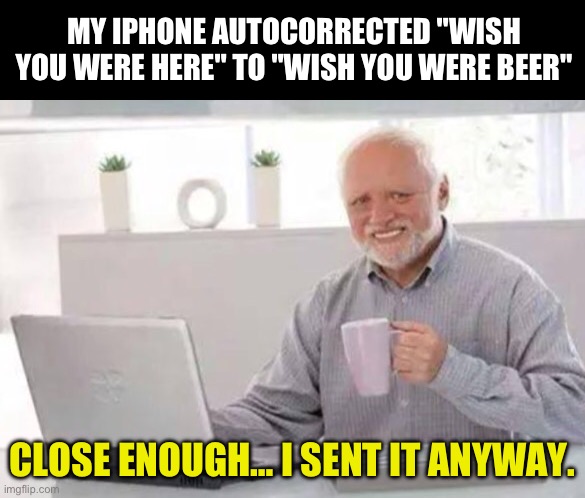 Send it | MY IPHONE AUTOCORRECTED "WISH YOU WERE HERE" TO "WISH YOU WERE BEER"; CLOSE ENOUGH… I SENT IT ANYWAY. | image tagged in harold | made w/ Imgflip meme maker