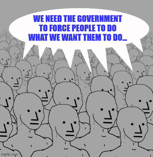 npc-crowd | WE NEED THE GOVERNMENT TO FORCE PEOPLE TO DO WHAT WE WANT THEM TO DO... | image tagged in npc-crowd | made w/ Imgflip meme maker