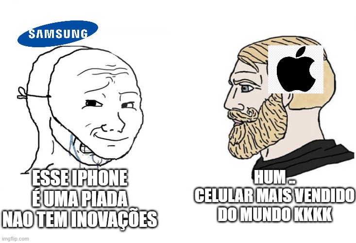 Masked wojak vs. Chad | HUM .. CELULAR MAIS VENDIDO DO MUNDO KKKK; ESSE IPHONE É UMA PIADA NAO TEM INOVAÇÕES | image tagged in masked wojak vs chad | made w/ Imgflip meme maker