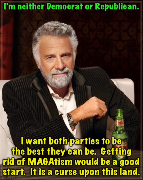The most interesting man in the world. | I'm neither Democrat or Republican. I want both parties to be the best they can be.  Getting rid of MAGAtism would be a good start.  It is a curse upon this land. | image tagged in memes,the most interesting man in the world | made w/ Imgflip meme maker