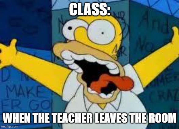 crazy | CLASS:; WHEN THE TEACHER LEAVES THE ROOM | image tagged in homer going crazy,class | made w/ Imgflip meme maker