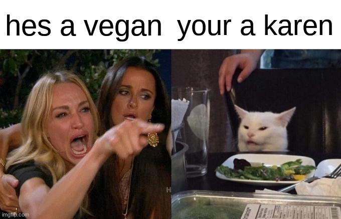 Woman Yelling At Cat Meme | hes a vegan; your a karen | image tagged in memes,woman yelling at cat | made w/ Imgflip meme maker