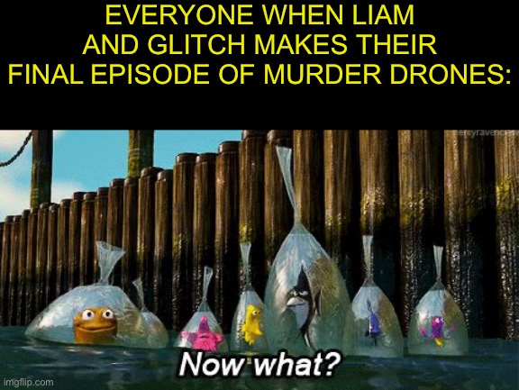 Now what? | EVERYONE WHEN LIAM AND GLITCH MAKES THEIR FINAL EPISODE OF MURDER DRONES: | image tagged in now what,good question,murder drones,ending | made w/ Imgflip meme maker