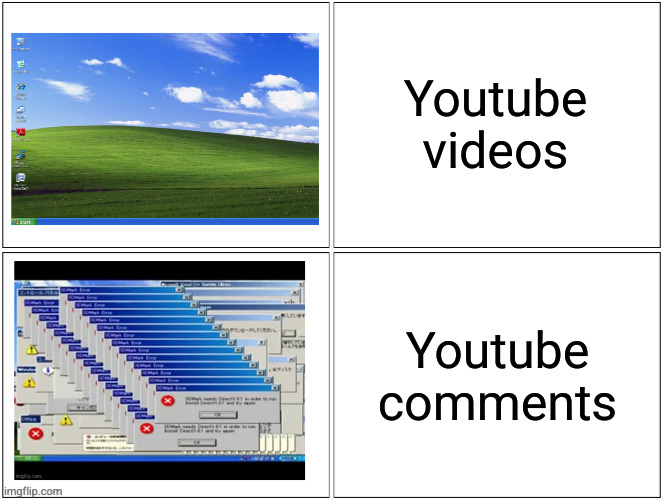 Windows XP normal vs error desktop | Youtube videos Youtube comments | image tagged in windows xp normal vs error desktop | made w/ Imgflip meme maker