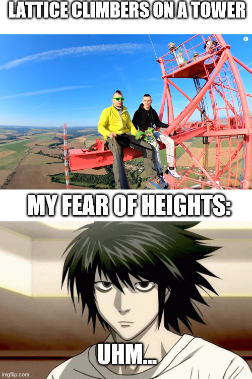 Lawliet meet lattice climbing | LATTICE CLIMBERS ON A TOWER; MY FEAR OF HEIGHTS:; UHM... | image tagged in lawliet,deathnote,anime,lawlietlatticeclimb,template | made w/ Imgflip meme maker