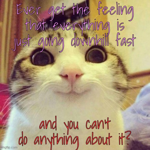 I do too sometimes... | Ever get the feeling that everything is just going downhill fast; and you can't do anything about it? | image tagged in memes,smiling cat | made w/ Imgflip meme maker