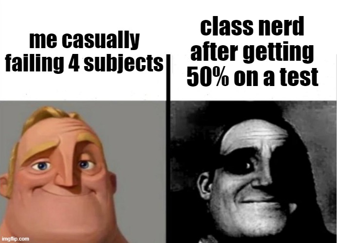 Teacher's Copy | class nerd after getting 50% on a test; me casually failing 4 subjects | image tagged in teacher's copy | made w/ Imgflip meme maker