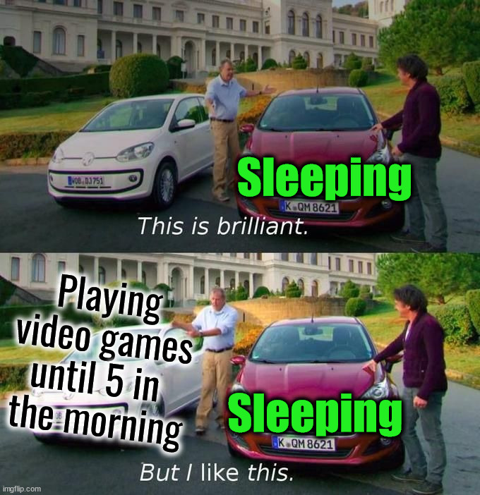 Sleep is overrated | Sleeping; Playing video games until 5 in 
the morning; Sleeping | image tagged in this is brilliant but i like this,gaming | made w/ Imgflip meme maker