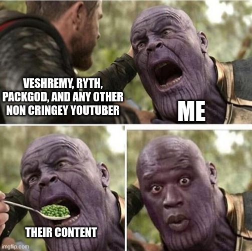 My opinion | VESHREMY, RYTH, PACKGOD, AND ANY OTHER NON CRINGEY YOUTUBER; ME; THEIR CONTENT | image tagged in thor feeding thanos,veshremy,packgod,ryth | made w/ Imgflip meme maker