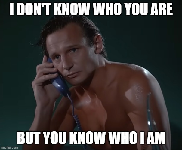 Young liam neeson | I DON'T KNOW WHO YOU ARE; BUT YOU KNOW WHO I AM | image tagged in young liam neeson,memes | made w/ Imgflip meme maker