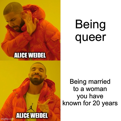 Drake Hotline Bling | Being queer; ALICE WEIDEL; Being married to a woman you have known for 20 years; ALICE WEIDEL | image tagged in memes,drake hotline bling,afd,alice weidel,politics,germany | made w/ Imgflip meme maker
