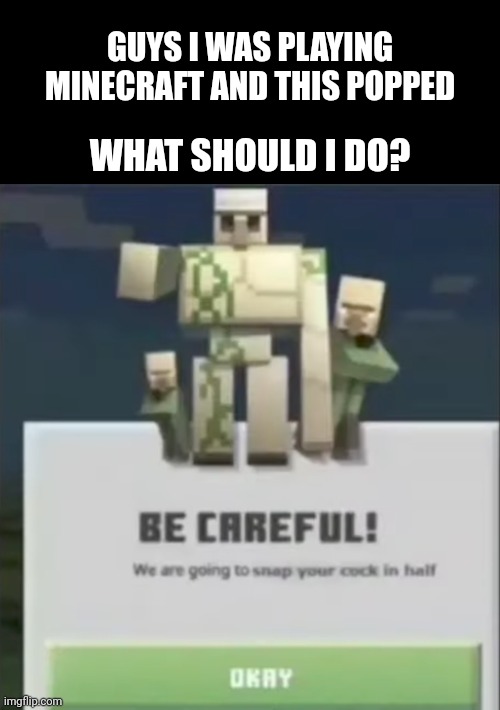 Be careful! We are going to snap your cock in half | GUYS I WAS PLAYING MINECRAFT AND THIS POPPED; WHAT SHOULD I DO? | image tagged in be careful we are going to snap your cock in half,minecraft,memes,shitpost | made w/ Imgflip meme maker