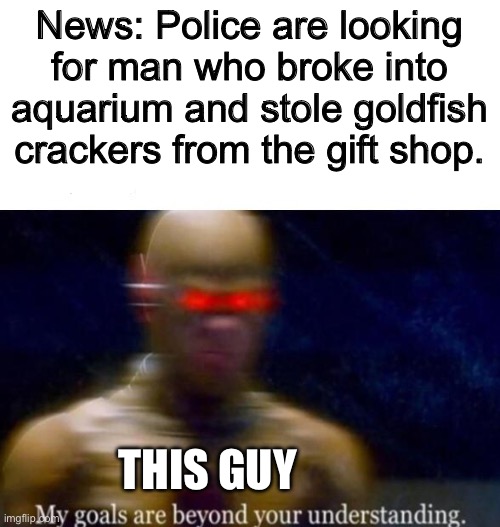 My Goals are Beyond your Understanding | News: Police are looking for man who broke into aquarium and stole goldfish crackers from the gift shop. THIS GUY | image tagged in my goals are beyond your understanding | made w/ Imgflip meme maker