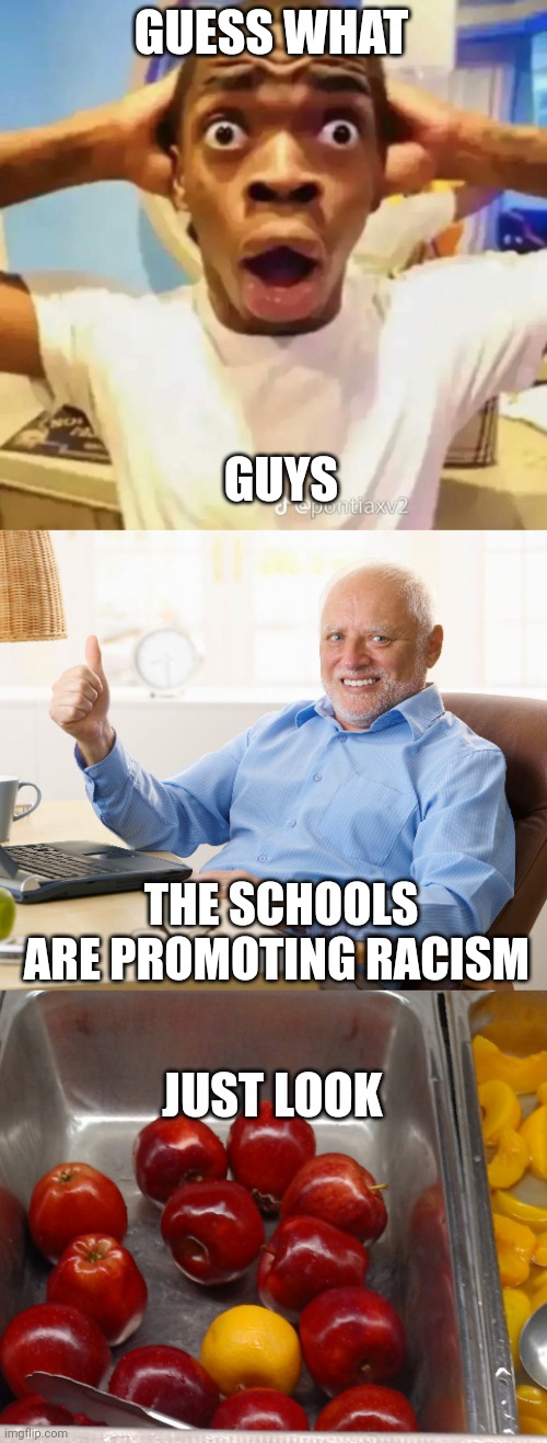 GUESS WHAT; GUYS; THE SCHOOLS ARE PROMOTING RACISM; JUST LOOK | image tagged in shocked black guy,hide the pain harold | made w/ Imgflip meme maker