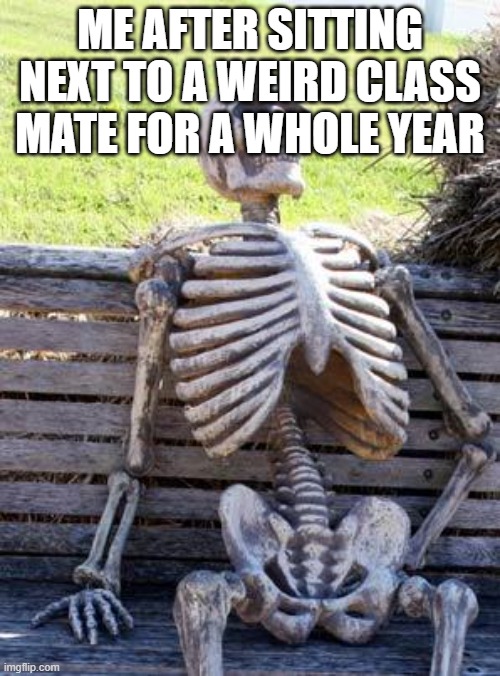 Waiting Skeleton Meme | ME AFTER SITTING NEXT TO A WEIRD CLASS MATE FOR A WHOLE YEAR | image tagged in memes,waiting skeleton | made w/ Imgflip meme maker