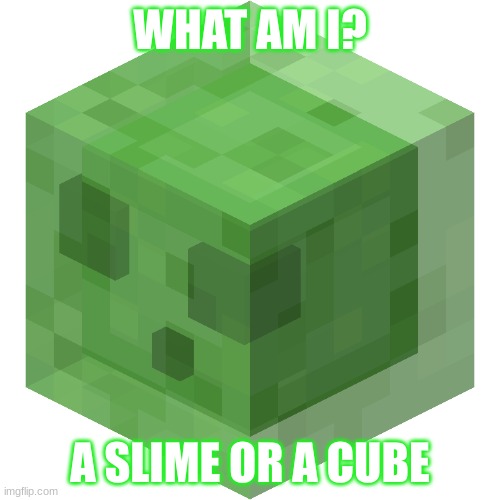 Minecraft slime | WHAT AM I? A SLIME OR A CUBE | image tagged in minecraft slime | made w/ Imgflip meme maker