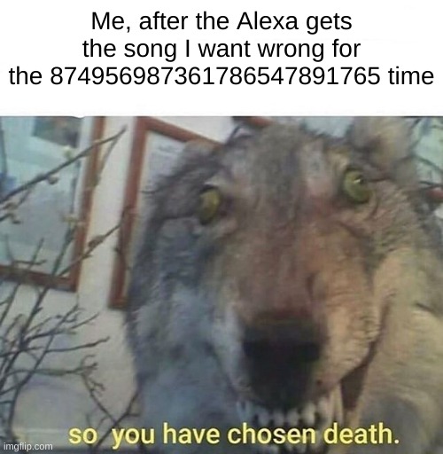 frfr | Me, after the Alexa gets the song I want wrong for the 874956987361786547891765 time | image tagged in so you have chosen death | made w/ Imgflip meme maker