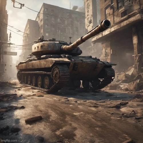 Tank rolling through the streets of a post-apocalyptic city | image tagged in tanks,image tags,moderators | made w/ Imgflip meme maker