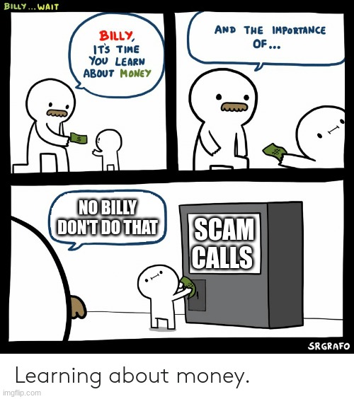 Billy Learning About Money | NO BILLY DON'T DO THAT; SCAM CALLS | image tagged in billy learning about money | made w/ Imgflip meme maker