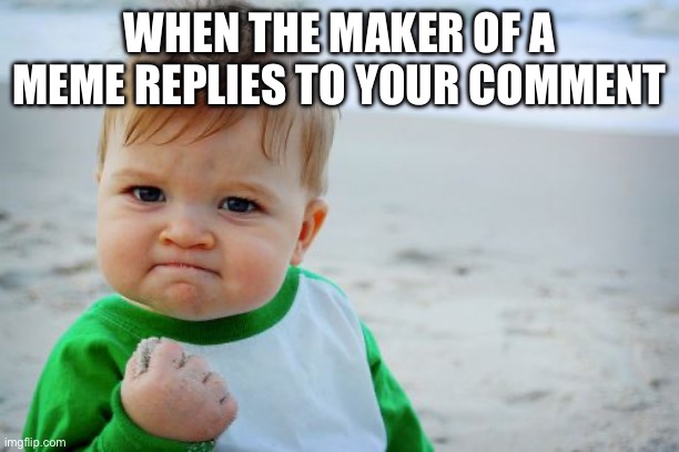 Success Kid Original | WHEN THE MAKER OF A MEME REPLIES TO YOUR COMMENT | image tagged in memes,success kid original | made w/ Imgflip meme maker