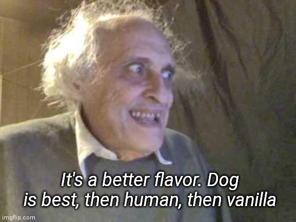 Old Pervert | It's a better flavor. Dog is best, then human, then vanilla | image tagged in old pervert | made w/ Imgflip meme maker