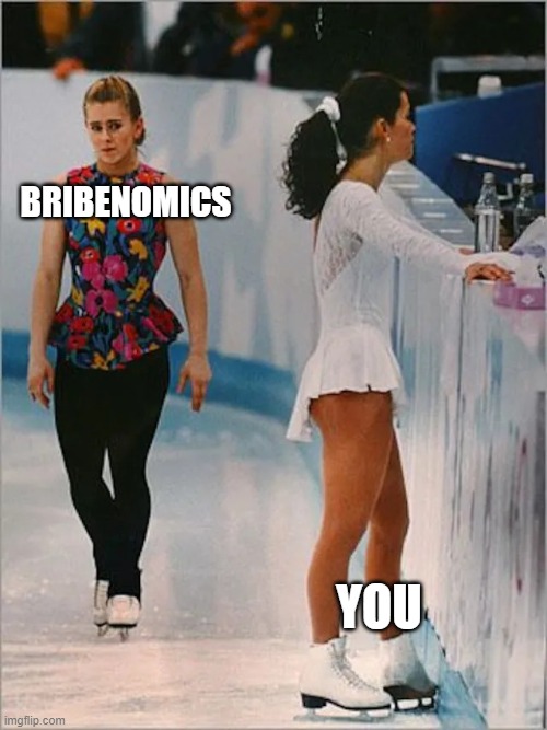 Bribenomics vs you | BRIBENOMICS; YOU | image tagged in figure skating | made w/ Imgflip meme maker