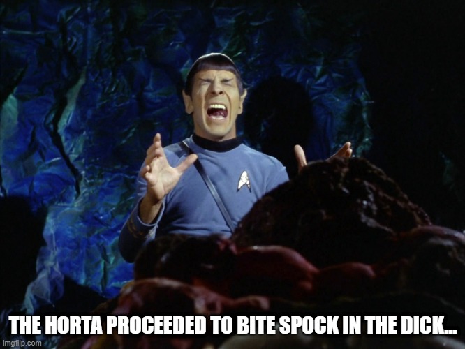 Chomp! | THE HORTA PROCEEDED TO BITE SPOCK IN THE DICK... | image tagged in star trek | made w/ Imgflip meme maker
