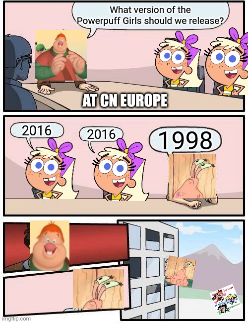 Cartoon Network CEE Boardroom, 2017 and later, colorized. | What version of the Powerpuff Girls should we release? AT CN EUROPE; 2016; 2016; 1998 | image tagged in memes,boardroom meeting suggestion | made w/ Imgflip meme maker