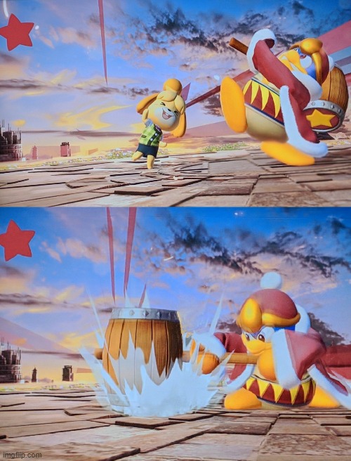 Dedede hammers Isabelle | image tagged in dedede hammers isabelle | made w/ Imgflip meme maker