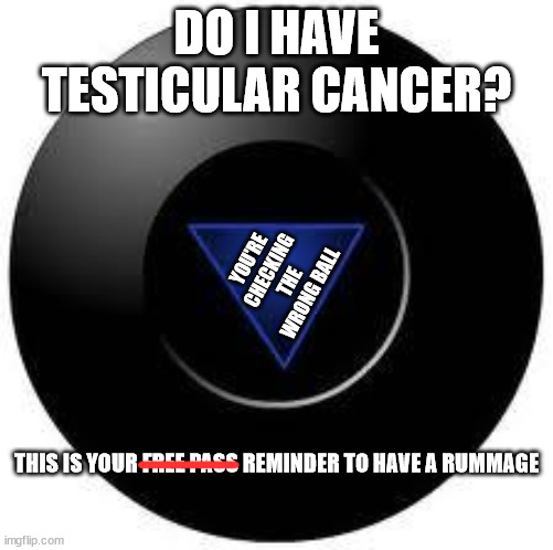 pop quiz? no, self exam. | DO I HAVE TESTICULAR CANCER? YOU'RE CHECKING THE WRONG BALL; THIS IS YOUR FREE PASS REMINDER TO HAVE A RUMMAGE | image tagged in magic 8 ball | made w/ Imgflip meme maker