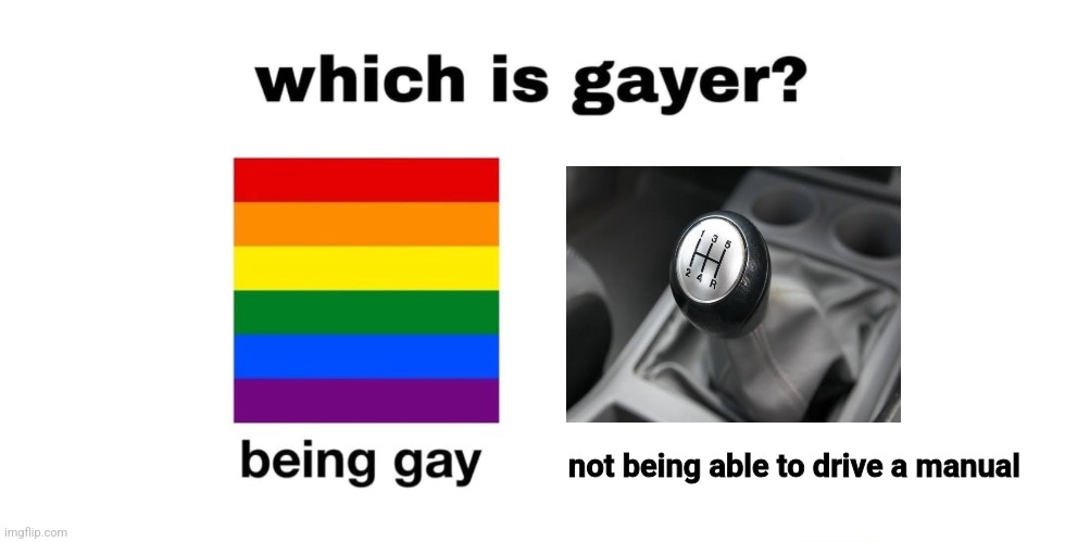 Which is gayer? | not being able to drive a manual | image tagged in which is gayer | made w/ Imgflip meme maker