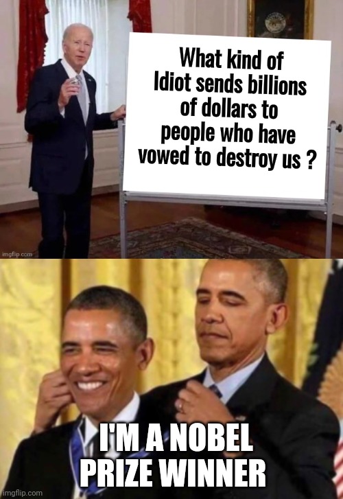 Birds of a feather | What kind of Idiot sends billions of dollars to people who have vowed to destroy us ? I'M A NOBEL PRIZE WINNER | image tagged in joe tries to explain,barack awarding himself,government corruption,politicians suck,free money,america last | made w/ Imgflip meme maker