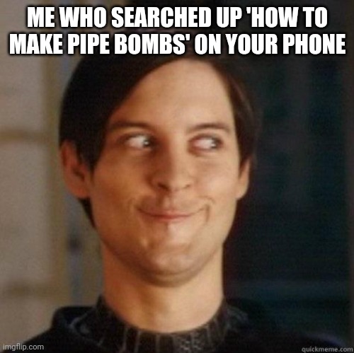 evil smile | ME WHO SEARCHED UP 'HOW TO MAKE PIPE BOMBS' ON YOUR PHONE | image tagged in evil smile | made w/ Imgflip meme maker